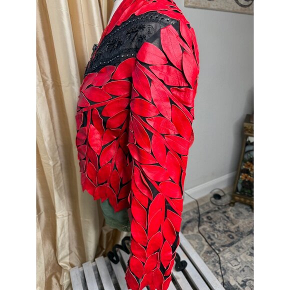 VTG Artsty Mesh Red Black Leather Leaf Applique Studded Designer Jacket Lg Read - Picture 10 of 12